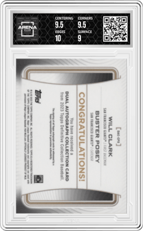 Will Clark/Buster Posey from the 2023 Topps Definitive Collection set graded by Arena Club and given an overall grade of 9.5.