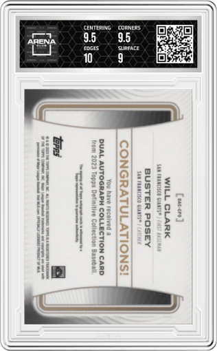 Will Clark/Buster Posey from the 2023 Topps Definitive Collection set graded by Arena Club and given an overall grade of 9.5.