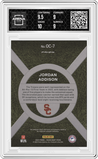 Jordan Addison from the 2023 Panini Prizm Draft Picks set graded by Arena Club and given an overall grade of 9.5.