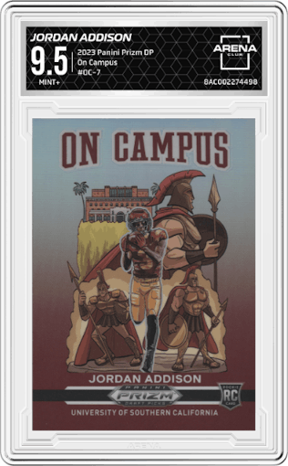 Jordan Addison from the 2023 Panini Prizm Draft Picks set graded by Arena Club and given an overall grade of 9.5.