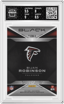Bijan Robinson from the 2023 Panini Black set featuring a Emerald parallel graded by Arena Club and given an overall grade of 8.5.