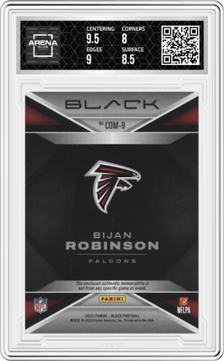 Bijan Robinson from the 2023 Panini Black set featuring a Emerald parallel graded by Arena Club and given an overall grade of 8.5.