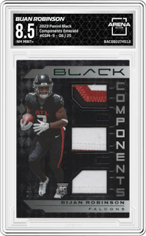 Bijan Robinson from the 2023 Panini Black set featuring a Emerald parallel graded by Arena Club and given an overall grade of 8.5.