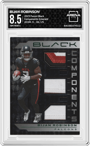 Bijan Robinson from the 2023 Panini Black set featuring a Emerald parallel graded by Arena Club and given an overall grade of 8.5.