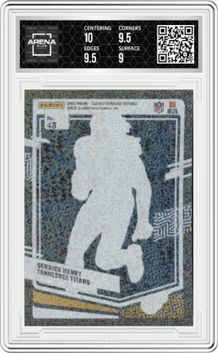 Derrick Henry from the 2023 Clearly Donruss set featuring a Holo Gold parallel graded by Arena Club and given an overall grade of 9.5.