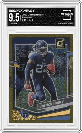 Derrick Henry from the 2023 Clearly Donruss set featuring a Holo Gold parallel graded by Arena Club and given an overall grade of 9.5.