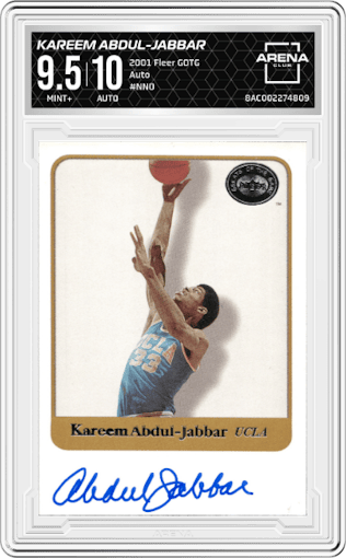 Kareem Abdul-Jabbar from the 2001 Fleer Greats of the Game set graded by Arena Club and given an overall grade of 9.5.