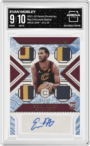 Evan Mobley from the 2021-22 Panini Chronicles set featuring a Quartz parallel graded by Arena Club and given an overall grade of 9.