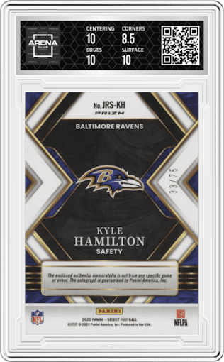 Kyle Hamilton  from the 2022 Panini Select set featuring a White Prizm parallel graded by Arena Club and given an overall grade of 9.