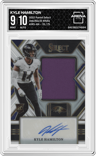 Kyle Hamilton  from the 2022 Panini Select set featuring a White Prizm parallel graded by Arena Club and given an overall grade of 9.