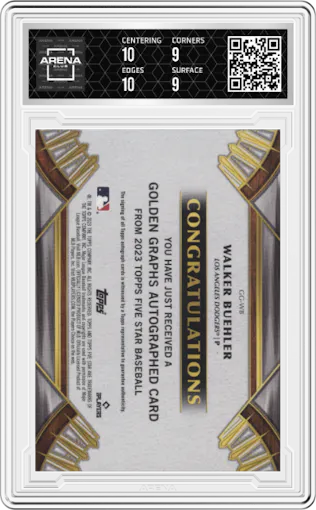 Walker Buehler from the 2023 Topps Five Star set featuring a Aqua parallel graded by Arena Club and given an overall grade of 9.5.