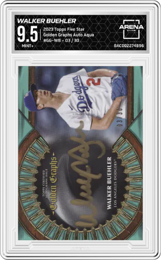 Walker Buehler from the 2023 Topps Five Star set featuring a Aqua parallel graded by Arena Club and given an overall grade of 9.5.