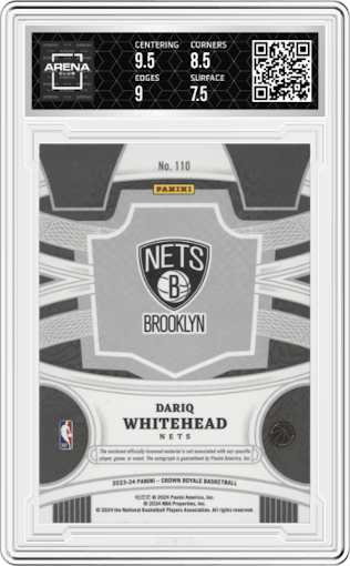 Dariq Whitehead from the 2023-24 Panini Crown Royale  set graded by Arena Club and given an overall grade of 8.