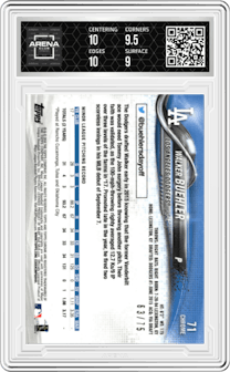 Walker Buehler from the 2018 Topps Chrome set featuring a Blue Wave Refractor  parallel graded by Arena Club and given an overall grade of 9.5.