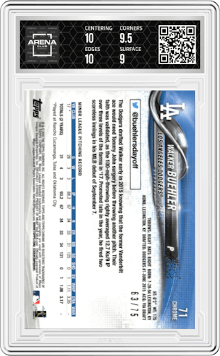 Walker Buehler from the 2018 Topps Chrome set featuring a Blue Wave Refractor  parallel graded by Arena Club and given an overall grade of 9.5.