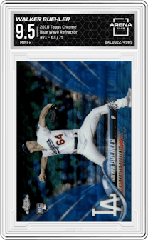 Walker Buehler from the 2018 Topps Chrome set featuring a Blue Wave Refractor  parallel graded by Arena Club and given an overall grade of 9.5.