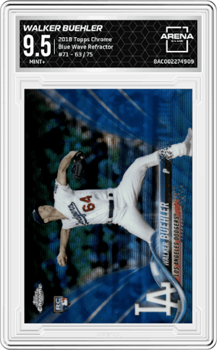 Walker Buehler from the 2018 Topps Chrome set featuring a Blue Wave Refractor  parallel graded by Arena Club and given an overall grade of 9.5.