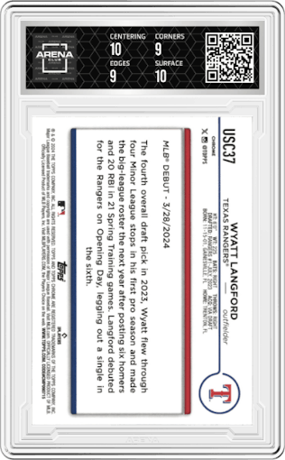 Wyatt Langford from the 2024 Topps Chrome Update set featuring a Negative Refractor parallel graded by Arena Club and given an overall grade of 9.5.