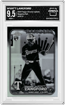 Wyatt Langford from the 2024 Topps Chrome Update set featuring a Negative Refractor parallel graded by Arena Club and given an overall grade of 9.5.