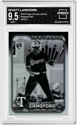 Wyatt Langford from the 2024 Topps Chrome Update set featuring a Negative Refractor parallel graded by Arena Club and given an overall grade of 9.5.