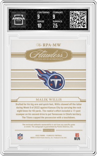 Malik Willis from the 2022 Panini Flawless set graded by Arena Club and given an overall grade of 8.