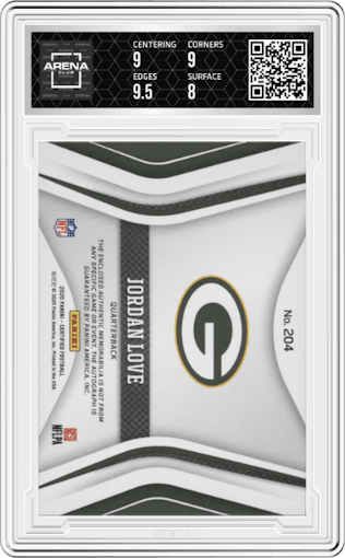 Jordan Love from the 2020 Panini Certified set graded by Arena Club and given an overall grade of 8.5.