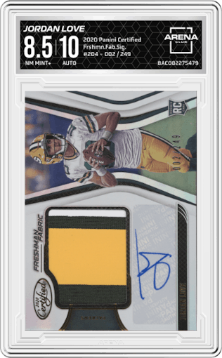 Jordan Love from the 2020 Panini Certified set graded by Arena Club and given an overall grade of 8.5.