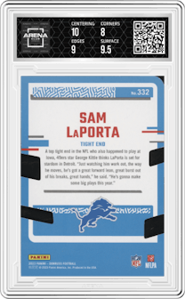 Sam LaPorta from the 2023 Panini Donruss set featuring a Press Proof Silver Die-Cut parallel graded by Arena Club and given an overall grade of 8.5.