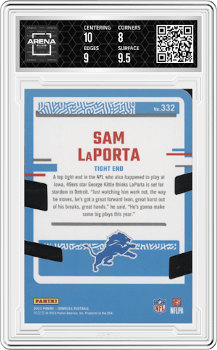 Sam LaPorta from the 2023 Panini Donruss set featuring a Press Proof Silver Die-Cut parallel graded by Arena Club and given an overall grade of 8.5.