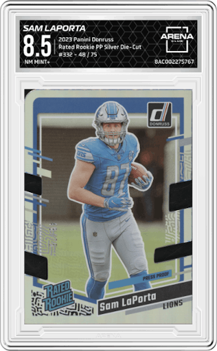 Sam LaPorta from the 2023 Panini Donruss set featuring a Press Proof Silver Die-Cut parallel graded by Arena Club and given an overall grade of 8.5.