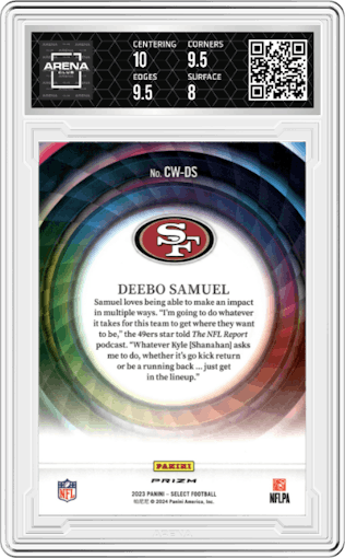 Deebo Samuel from the 2023 Panini Select set graded by Arena Club and given an overall grade of 8.5.