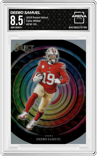Deebo Samuel from the 2023 Panini Select set graded by Arena Club and given an overall grade of 8.5.