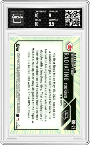 Matt McLain from the 2023 Topps Chrome Update set graded by Arena Club and given an overall grade of 9.5.