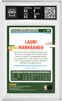 Lauri Markkanen from the 2023-24 Donruss Optic set featuring a White Sparkle parallel graded by Arena Club and given an overall grade of 9.5.