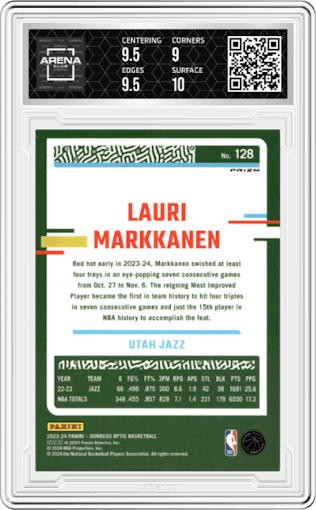 Lauri Markkanen from the 2023-24 Donruss Optic set featuring a White Sparkle parallel graded by Arena Club and given an overall grade of 9.5.