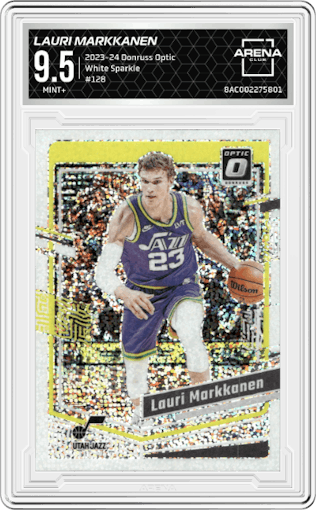 Lauri Markkanen from the 2023-24 Donruss Optic set featuring a White Sparkle parallel graded by Arena Club and given an overall grade of 9.5.