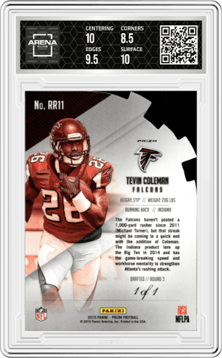 Tevin Coleman from the 2015 Panini Prizm set featuring a Black Pulsar parallel graded by Arena Club and given an overall grade of 9.