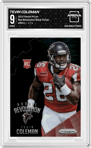 Tevin Coleman from the 2015 Panini Prizm set featuring a Black Pulsar parallel graded by Arena Club and given an overall grade of 9.