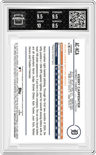 Kerry Carpenter from the 2024 Topps Chrome Update set featuring a Black & White Mini-Diamond Refractor parallel graded by Arena Club and given an overall grade of 9.