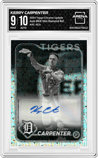Kerry Carpenter from the 2024 Topps Chrome Update set featuring a Black & White Mini-Diamond Refractor parallel graded by Arena Club and given an overall grade of 9.
