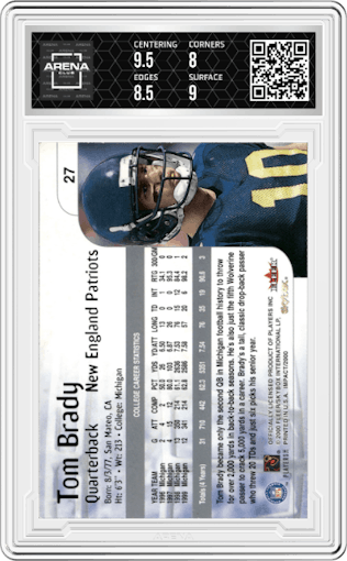 Tom Brady from the 2000 Impact  set graded by Arena Club and given an overall grade of 8.5.