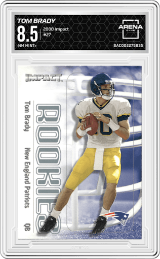 Tom Brady from the 2000 Impact  set graded by Arena Club and given an overall grade of 8.5.