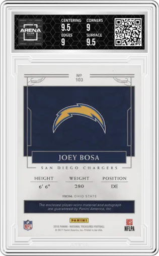Joey Bosa from the 2016 Panini National Treasures set graded by Arena Club and given an overall grade of 9.5.
