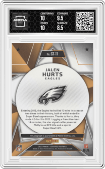 Jalen Hurts from the 2023 Panini Certified set featuring a Mirror Blue Etch parallel graded by Arena Club and given an overall grade of 9.
