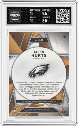 Jalen Hurts from the 2023 Panini Certified set featuring a Mirror Blue Etch parallel graded by Arena Club and given an overall grade of 9.