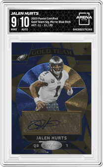 Jalen Hurts from the 2023 Panini Certified set featuring a Mirror Blue Etch parallel graded by Arena Club and given an overall grade of 9.
