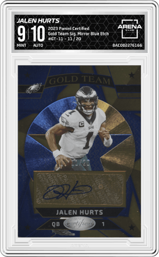 Jalen Hurts from the 2023 Panini Certified set featuring a Mirror Blue Etch parallel graded by Arena Club and given an overall grade of 9.