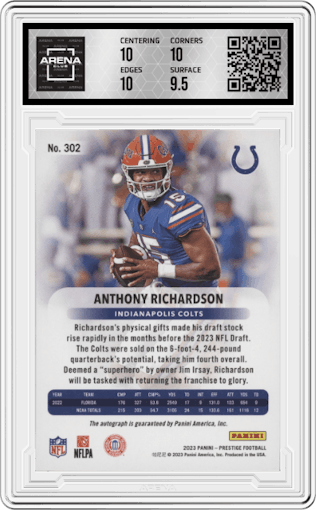 Anthony Richardson from the 2023 Panini Prestige set featuring a Gold parallel graded by Arena Club and given an overall grade of 10.