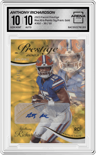 Anthony Richardson from the 2023 Panini Prestige set featuring a Gold parallel graded by Arena Club and given an overall grade of 10.