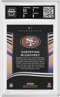 Christian McCaffrey from the 2023 Panini Illusions set featuring a Gold parallel graded by Arena Club and given an overall grade of 7.5.